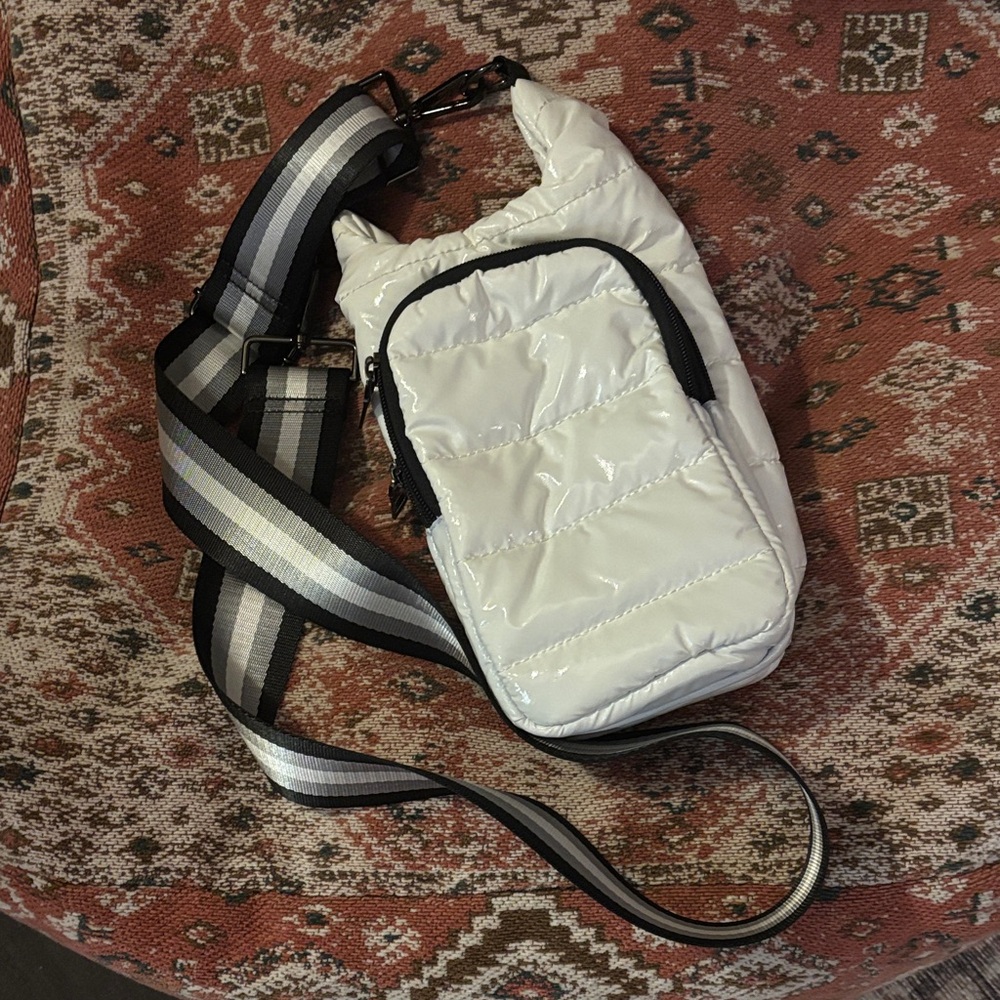 Glossy White Quilted Crossbody Bag with Striped Adjustable Strap